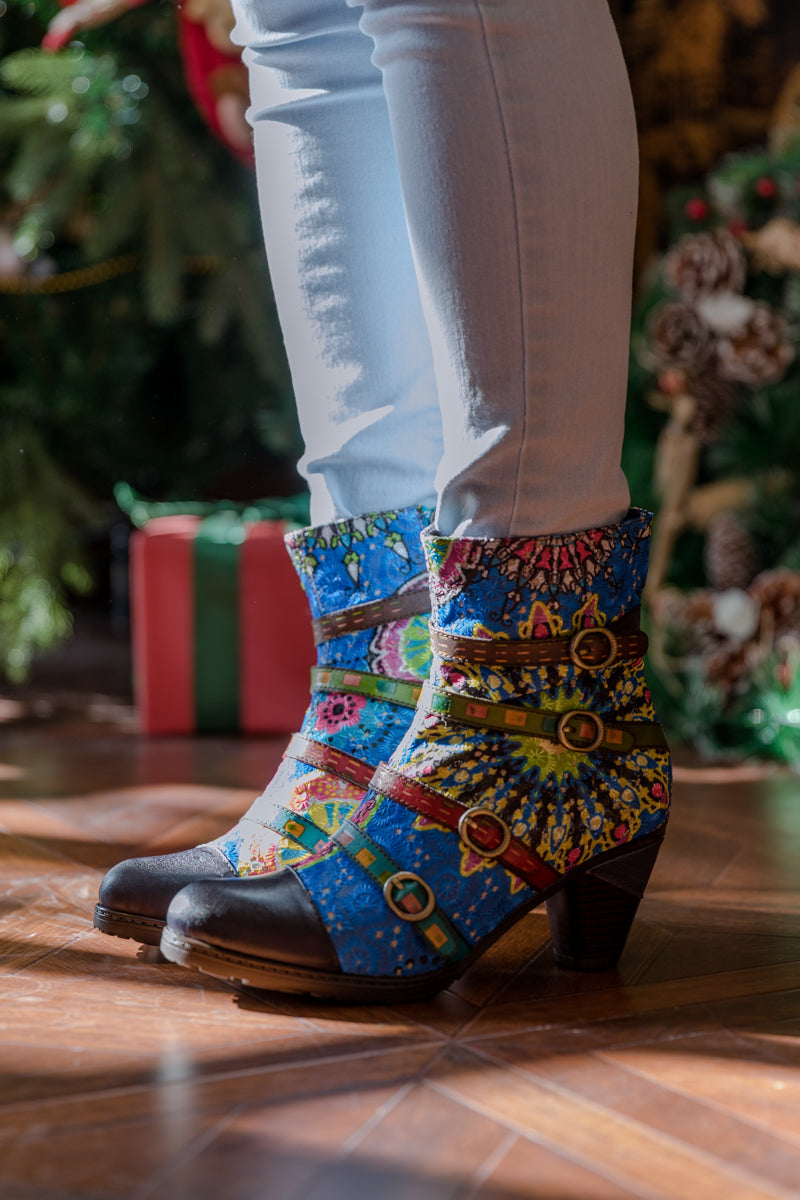 Soffia | Mandala Blue Firework Strap Accent Leather Boot