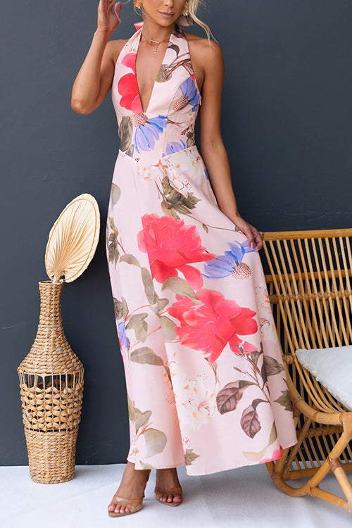Halter V Neck Lace-up Print Swing Maxi Dress