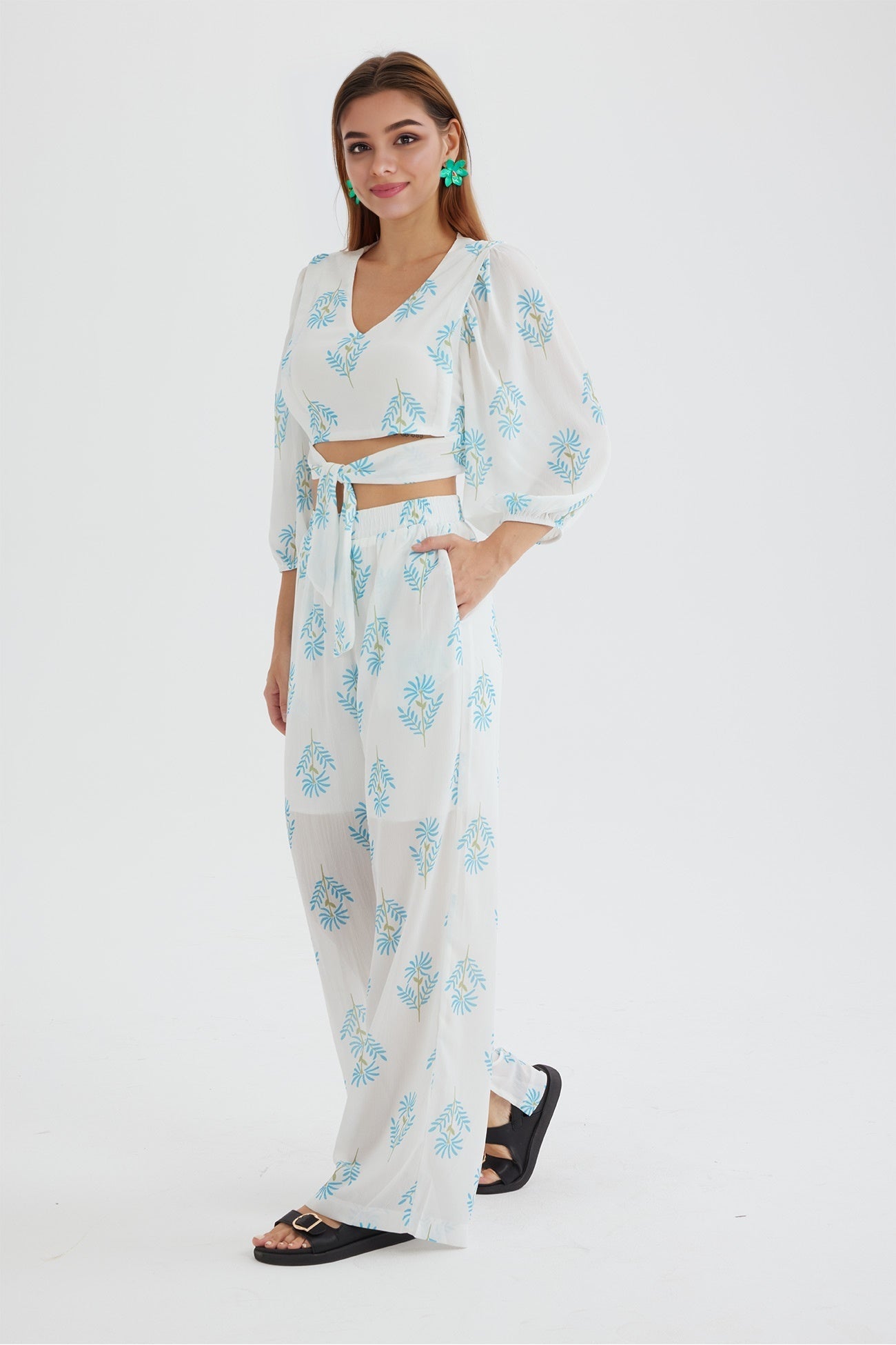 Print Puff Sleeve Knotted-front Tops Long Pants Suits