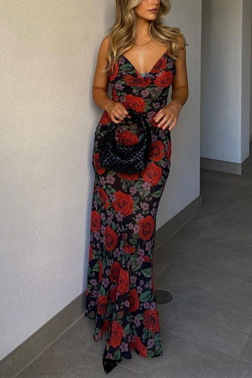 Adjustable Strap Backless Rose Print Maxi Dress