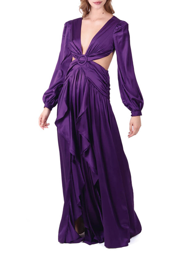 V-neck Waist Cutout Ruffle Maxi Dress
