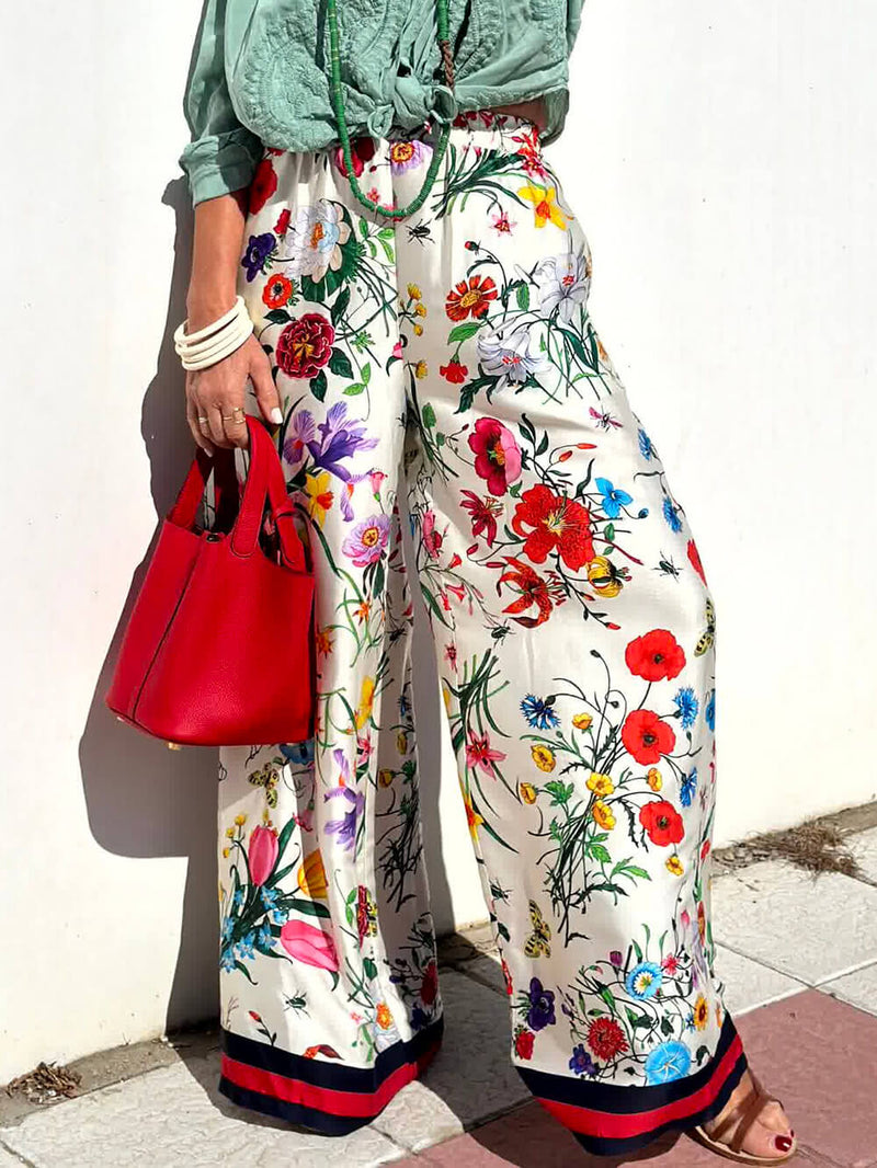 Unique Print Elastic Waist Pocketed Wide Leg Pants