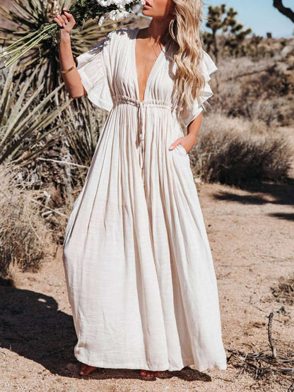 Button Cotton Linen Perfect Beach Maxi Dress
