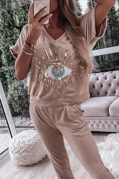 Sequin Pattern V Neck Short Sleeve Top With Pocketed Pants Set