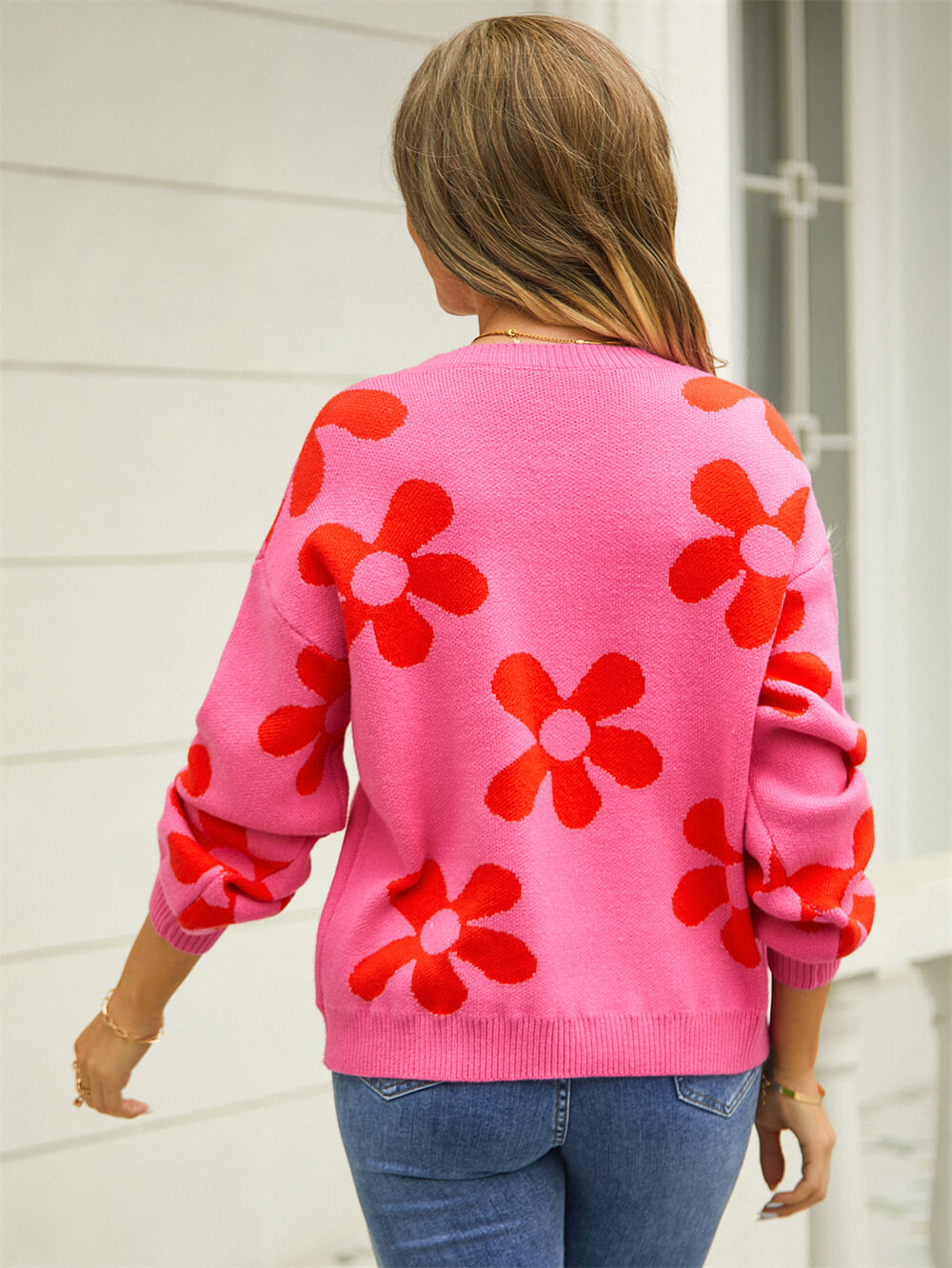 Fall Mega Daisy Pullover Sweater - Pink
