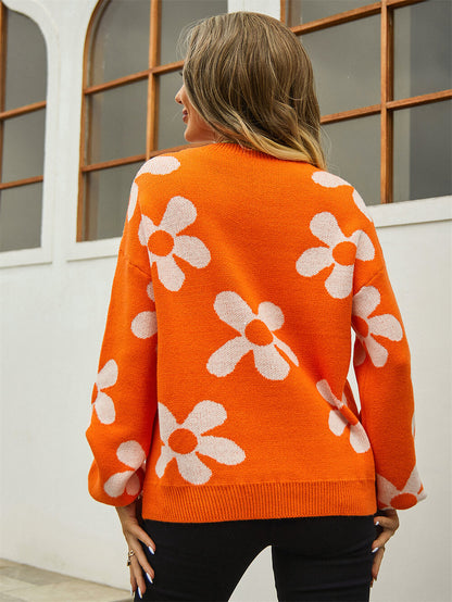 Fall Mega Daisy Pullover Sweater - Orange