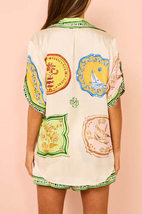 Resort Print Rolled Up Sleeves Blouse Shirt and Pocketed Shorts Set