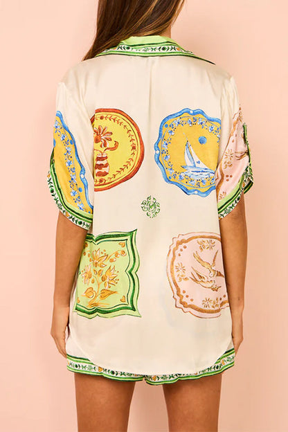 Resort Print Rolled Up Sleeves Blouse Shirt and Pocketed Shorts Set