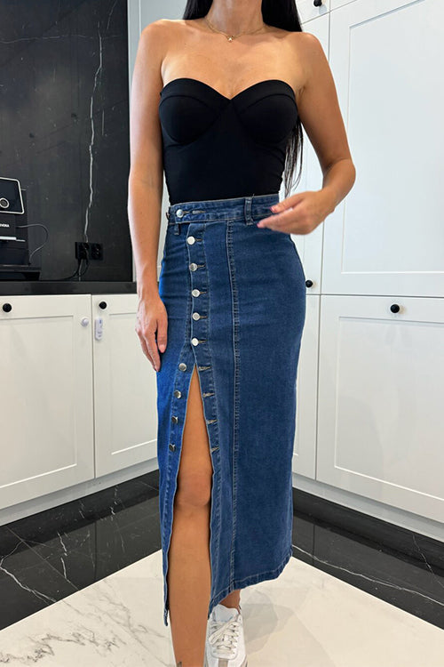 Moxidress Button Down Slit Midi Denim Skirt