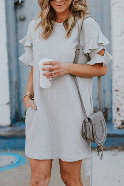 Color O-neck Ruffle Mini Dress