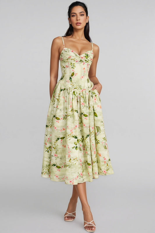 Raleign Green Print Ruched Midi Dress