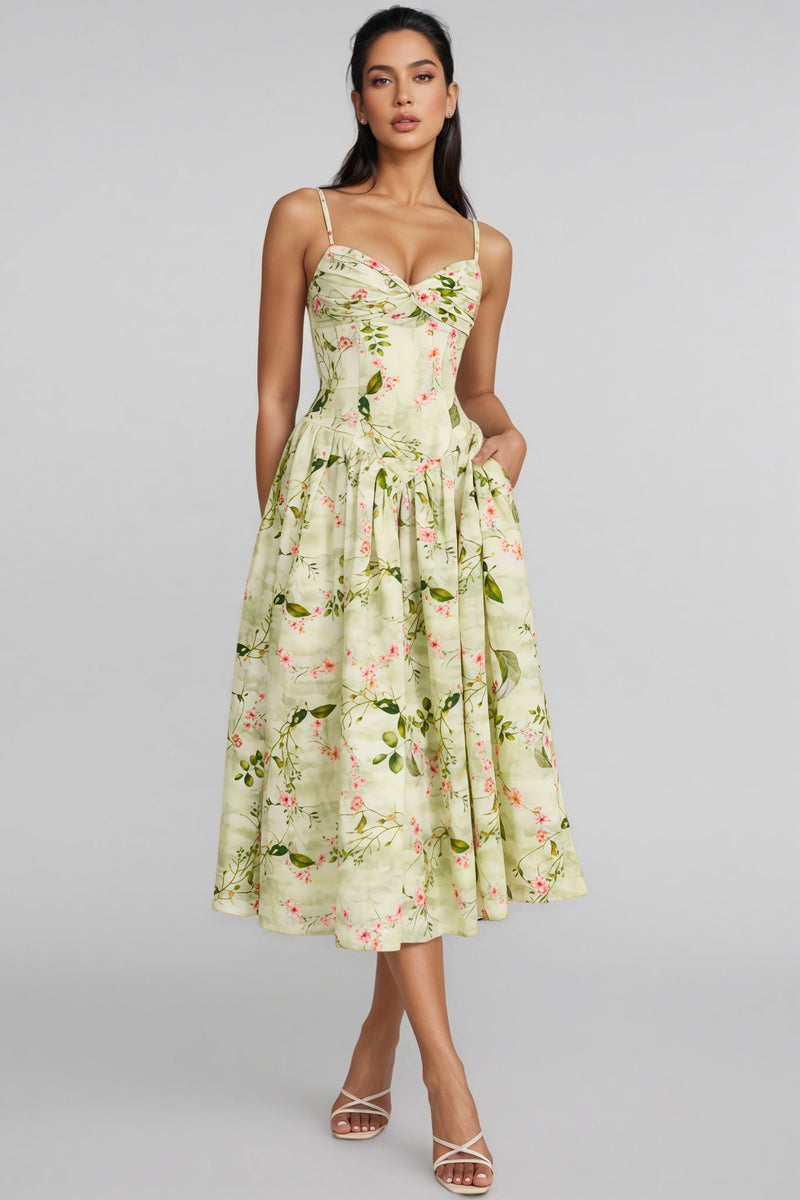 Raleign Green Print Ruched Midi Dress