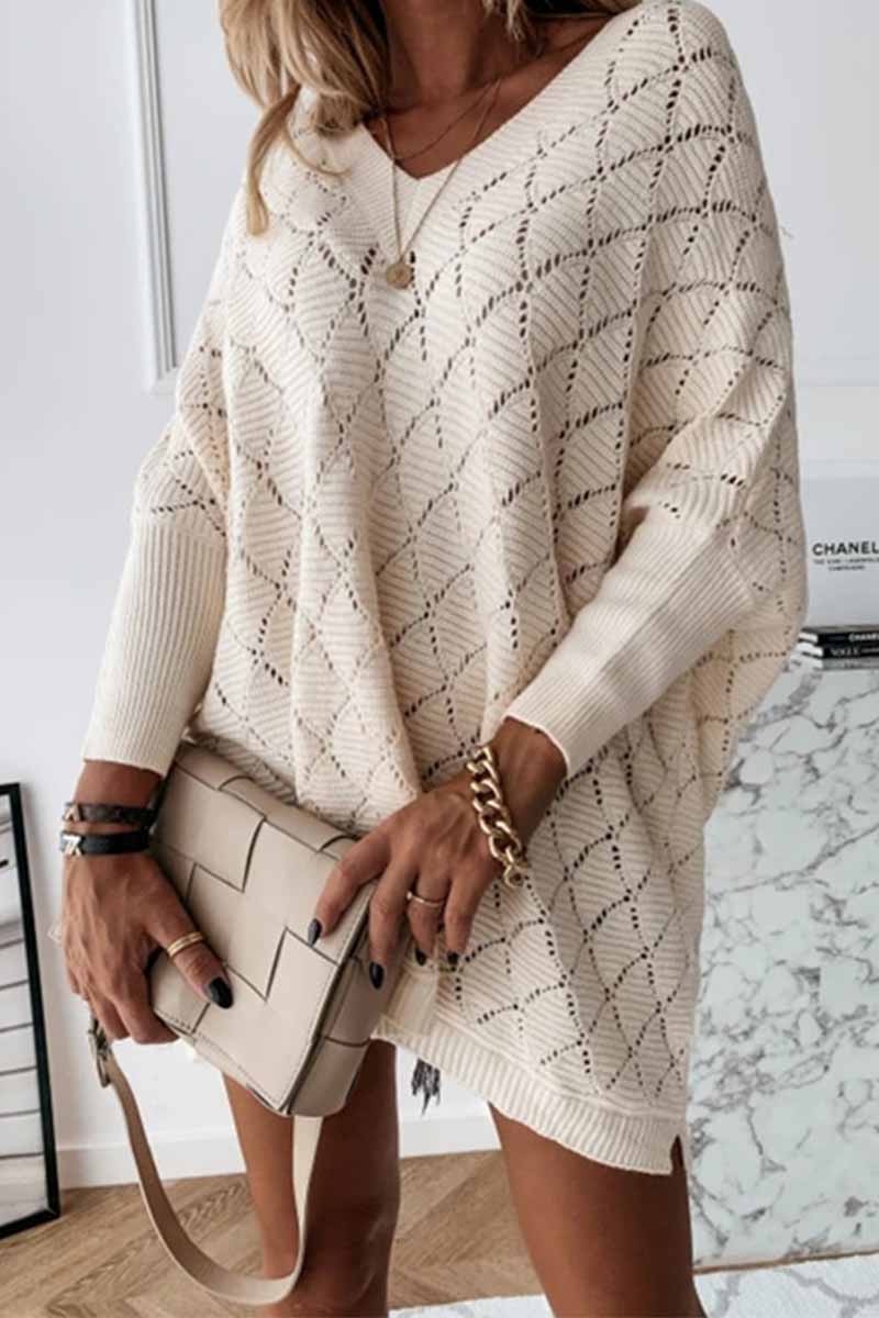 V-neck Color Hollow Bat Sleeve Sweater