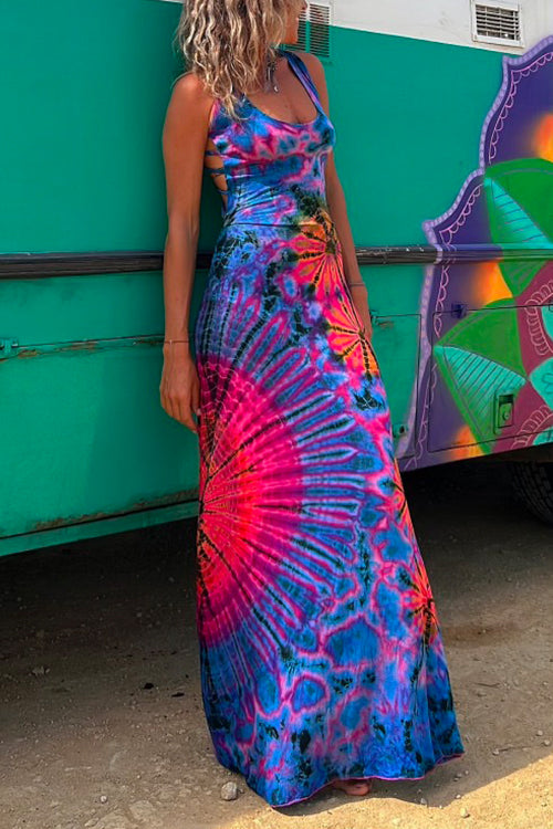 Moxidress Strappy Backless Tie Dye Maxi Dress
