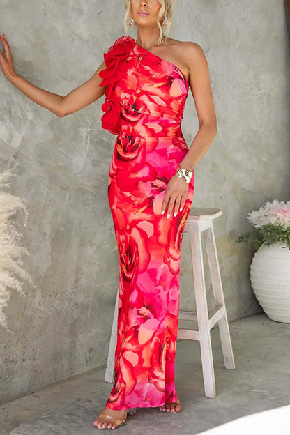 Moxidress Ruffle One Shoulder Print Bodycon Maxi Dress