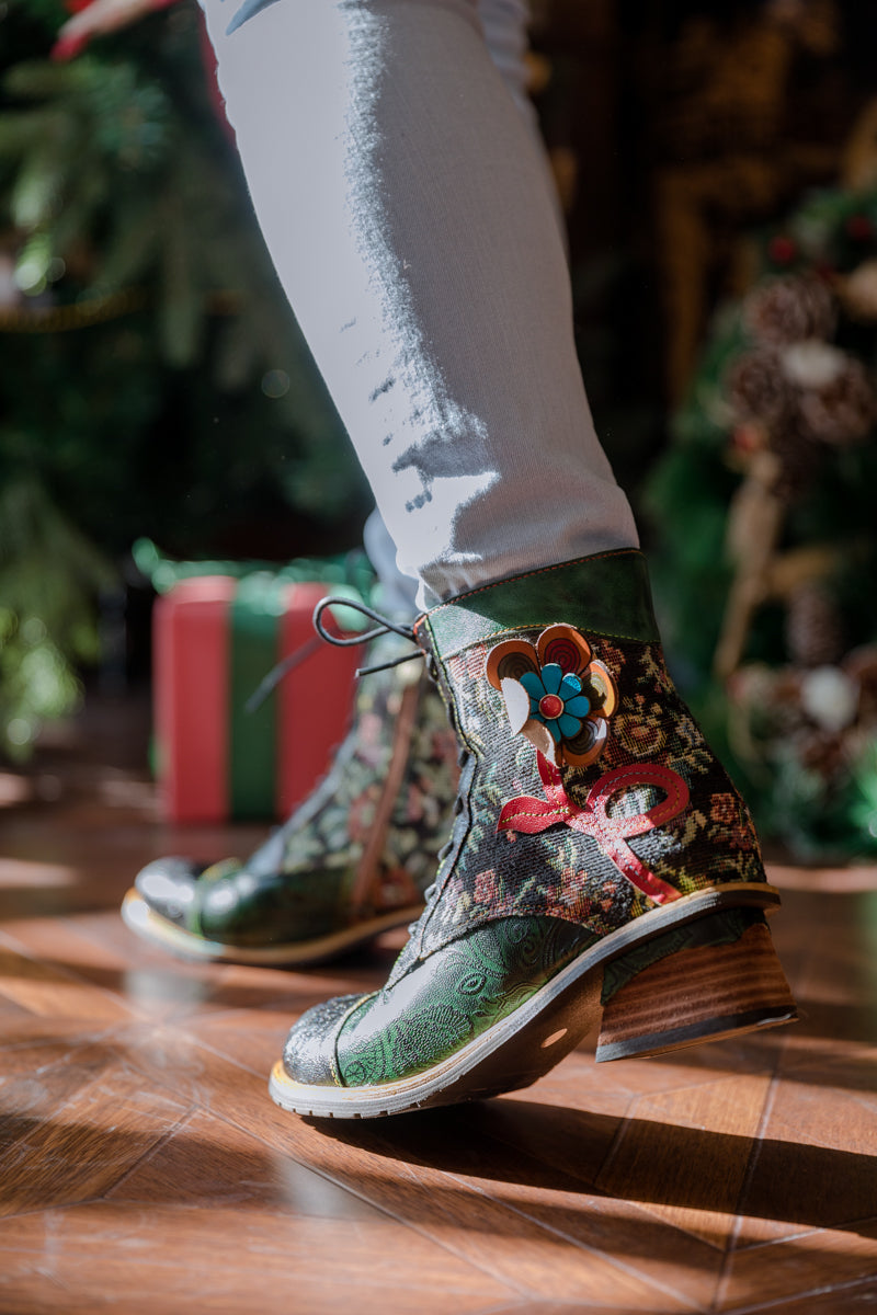 Soffia | Appliqued Lace Up Leather Ankle Boot