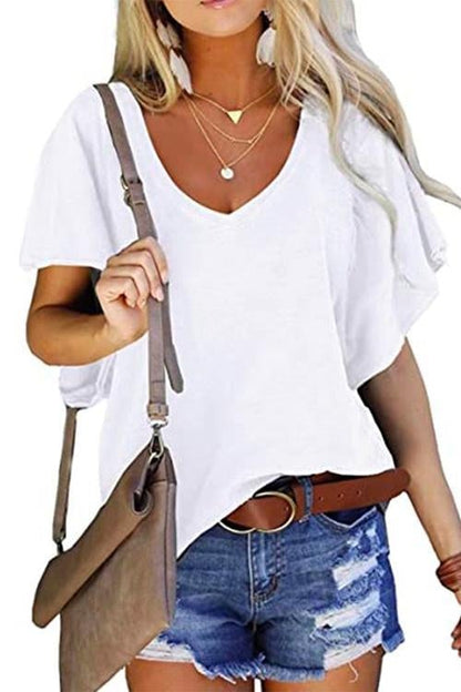 V Neck Ruffle Short Sleeve T-shirt
