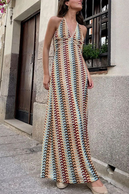 Moxidress Halter V Neck Backless Color Block Crochet Maxi Dress