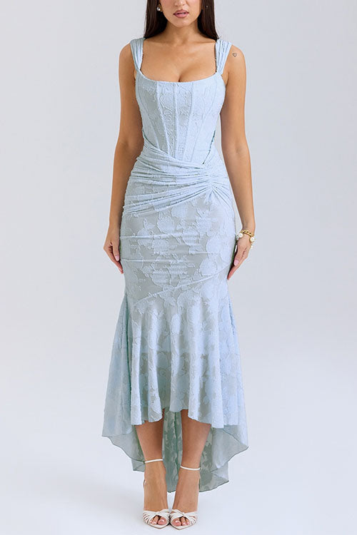 Sleeveless Ruched Waist Ruffle Hem Jacquard Maxi Dress