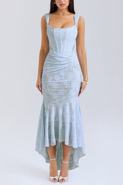Sleeveless Ruched Waist Ruffle Hem Jacquard Maxi Dress