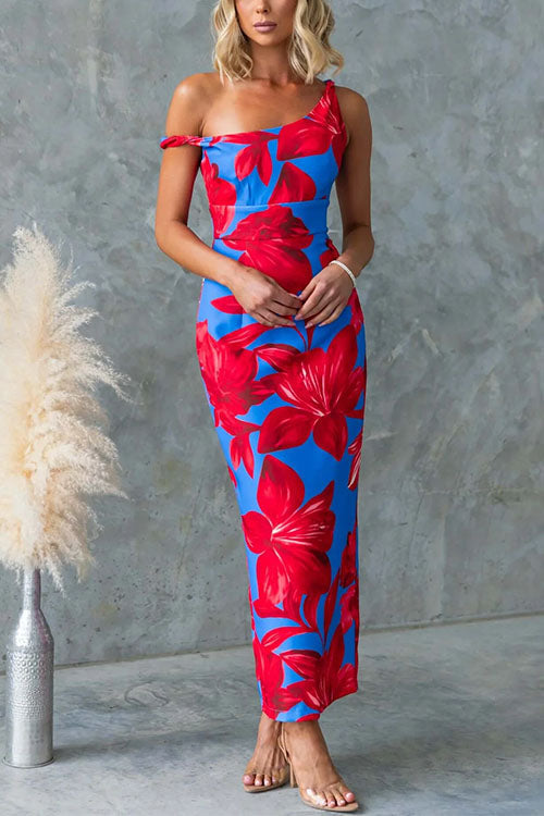 Asymmetric Neck Back Slit Print Maxi Dress