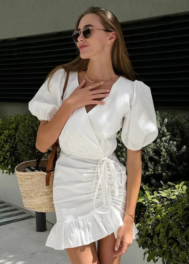 Puff Sleeve Wrap Dress With Ruffle Hem