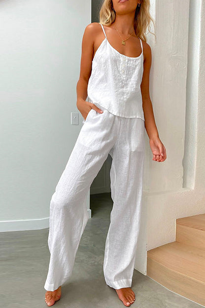 Cotton Linen Cami Top Wide Leg Pants Loungewear Set