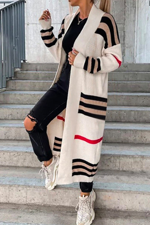 Open Front Color Block Striped Splice Long Sweater Cardigan