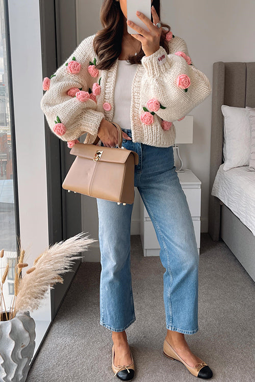 Moxidress Button Down Flower Applique Sweater Cardigan