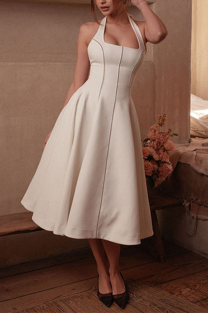Moxidress Halter Neck Backless Hollow Out Swing Midi Dress