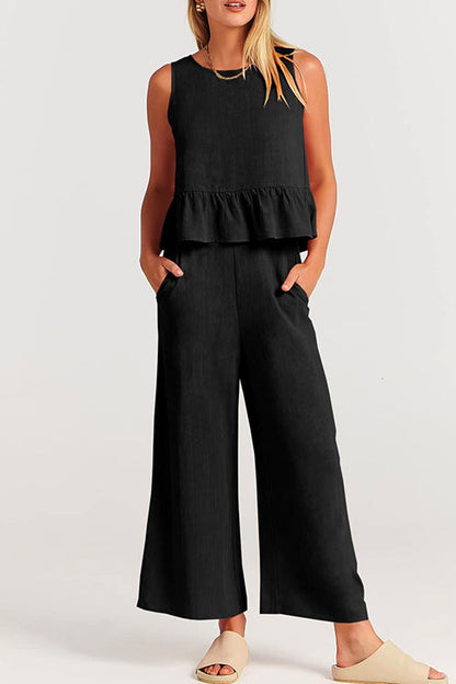 Moxidress Crewneck Ruffle Tank Top Wide Leg Pockets Pants Set
