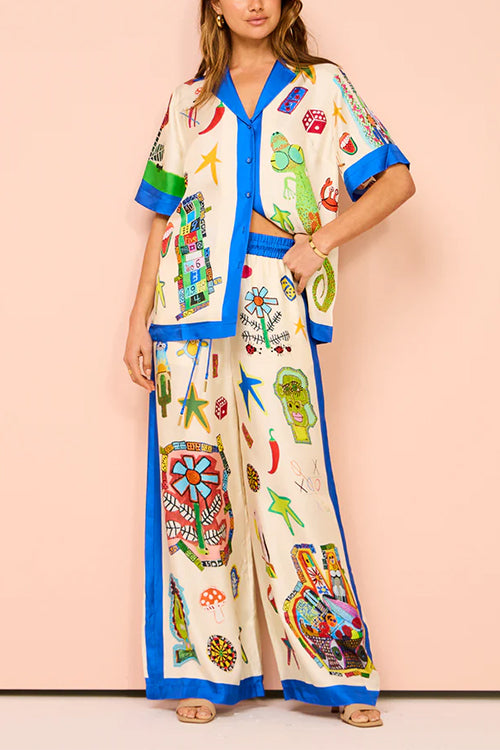 Unique Print Short Sleeves Button Down Shirt Elastic Waist Wide Leg Pants Set
