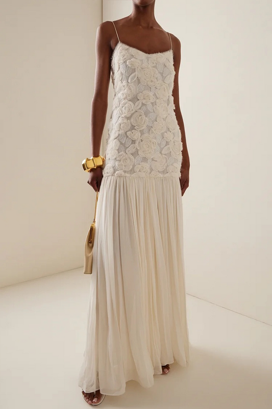 Andrea Applique Pleated Chiffon Maxi Dress