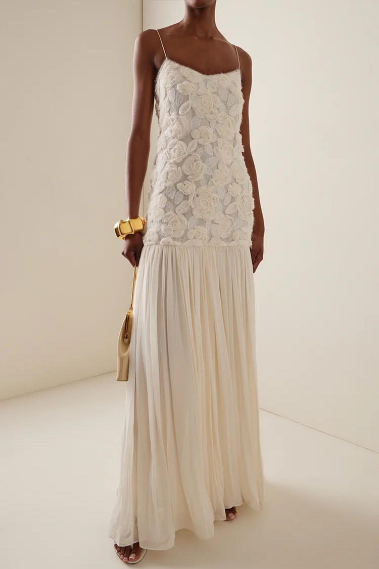 Andrea Applique Pleated Chiffon Maxi Dress
