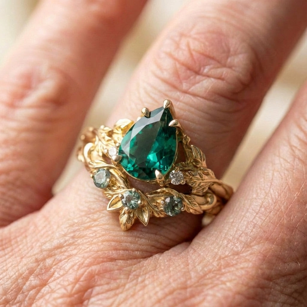 Vintage Floral Green Stone Ring