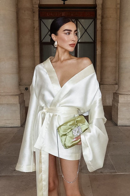 White Satin Long Sleeve Tie Blouse