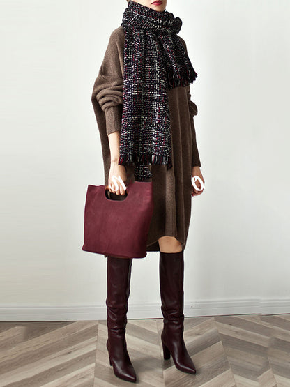 Stylish Long Sleeves Loose Color V-neck Sweater Dresses
