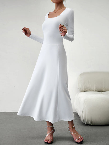 A-line High Waisted Color Tied Waist U-neck Midi Dresses