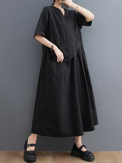 Loose Short Sleeves Pleated Color Split-joint V-neck Midi Dresses