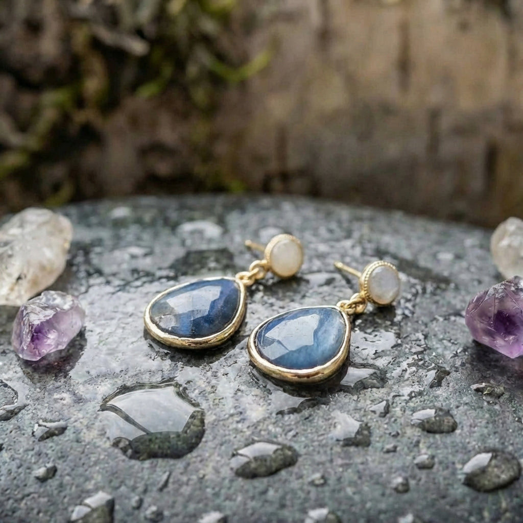 Blue Inlaid Drop Stone Pearl Earrings