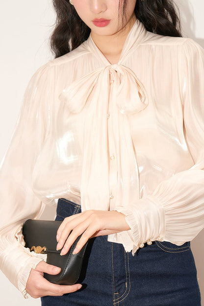 Shiny Ribbon-tie Romantic Blouse