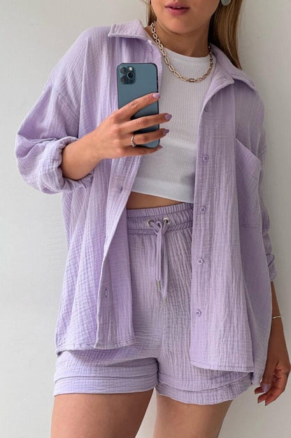 Textured Lapel Long Sleeve Top High Waist Shorts Set