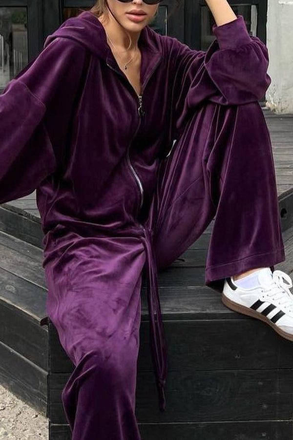 Velvet Zip-up Hooded Top and Elastic Waist Wide Leg Pants Set