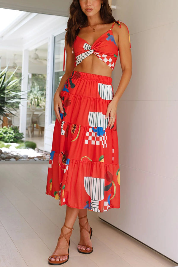 Unique Printed Camisole Elastic Waist Long Skirt Two Piece Set