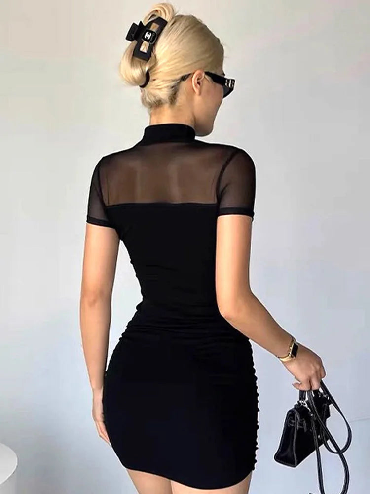 Goth Dark Mock Neck Y2k Bodycon Mini Dresses Gothic Mesh Patchwork Sheer Party Dress
