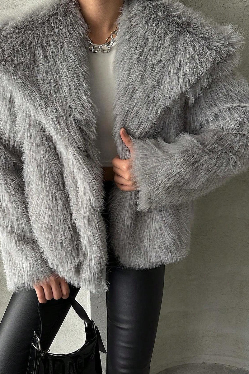 Plush Color Faux Animal Fur Warm Notch Collar Coat