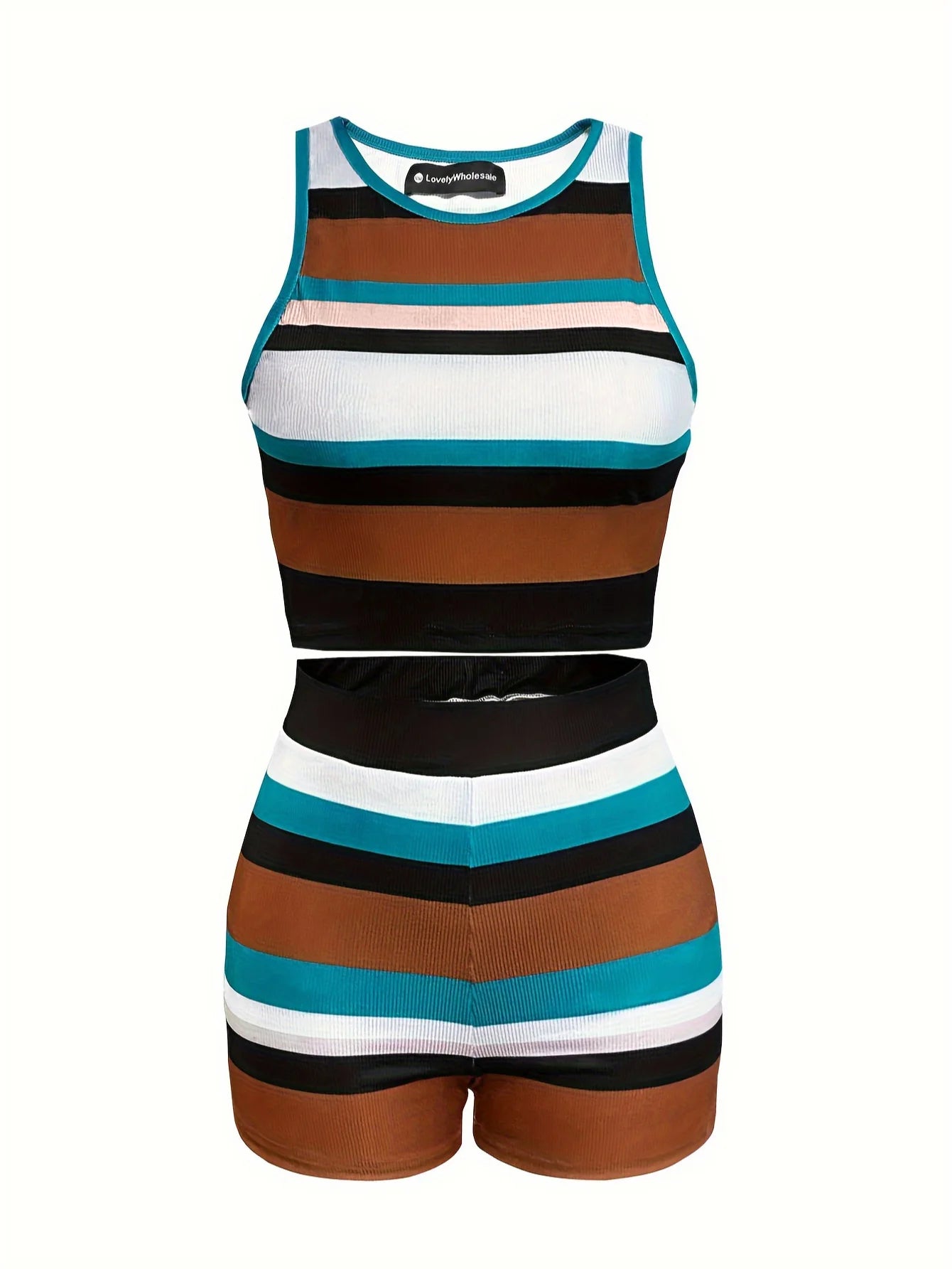 Crop Top Striped Shorts Set Patchwork Crop Tank Tops and Shorts Outfits Summer Holiday Beachwear