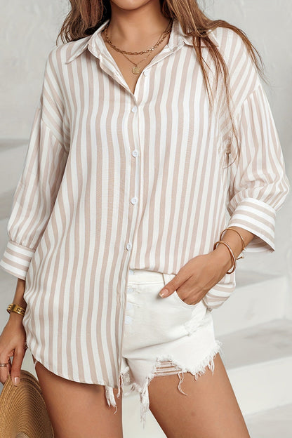 Striped Long Sleeve Pocket Button-down Blouse