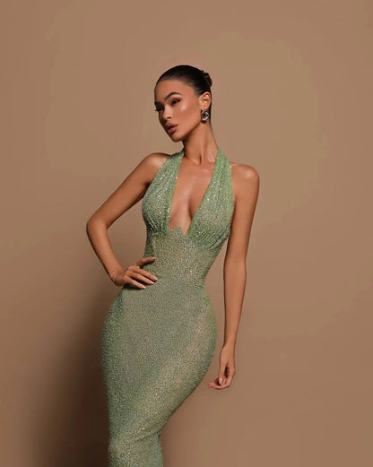 Zinnia Green Beaded Halter Maxi Dress