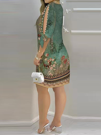 Loose Short Sleeves Hollow Printed Split-joint Round-neck Mini Dresses